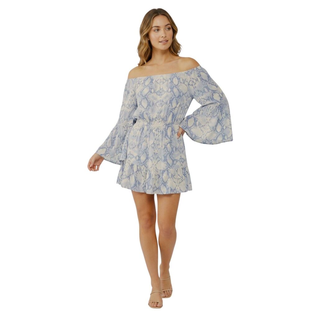 Blue Island Boho Peasant Dress White/Blue L